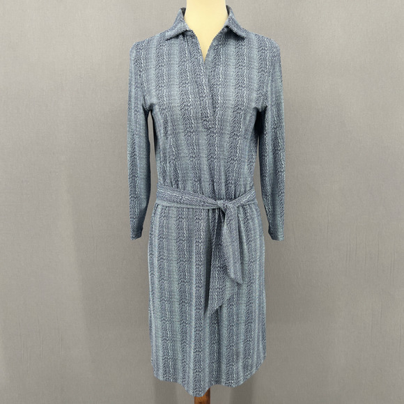 Elle Kai Blue Print Collared 3/4 Sleeve Belted Knee Length Sheath Size Small - Picture 1 of 12